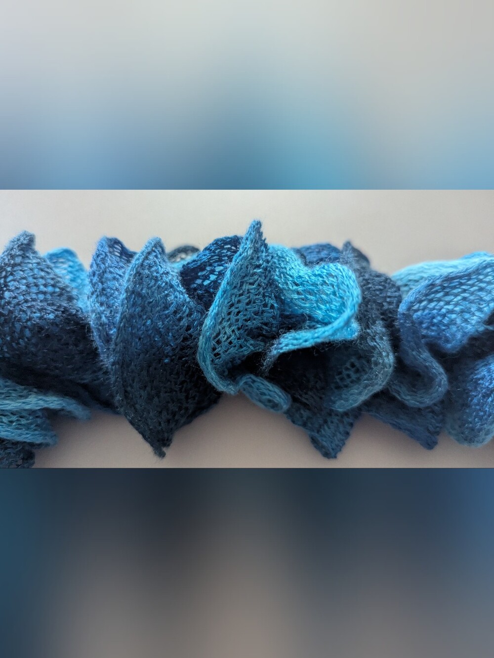 Multicolor Handmade Crocheted Fashion Ruffle Scarf Shades of Blue Teal 60" Long - Picture 12 of 14